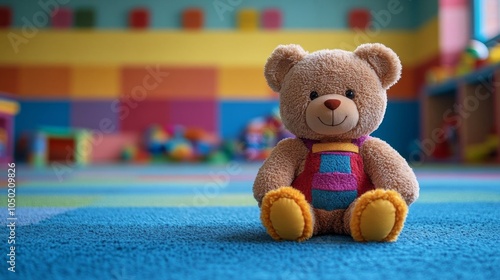 A cheerful teddy bear in a colorful playroom.