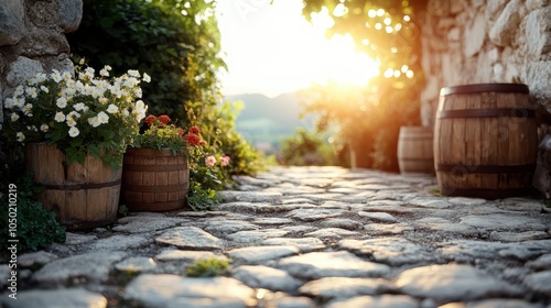 A quaint village street with cobbled stones and wooden barrels overstuffed with colorful flowers, basking in the warm and inviting glow of a tranquil sunset. photo