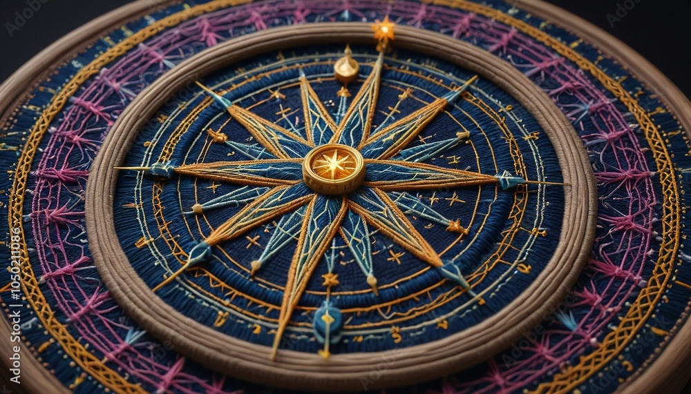 A mystical yarn-covered compass with embroidered North Star and moon symbols, Generative AI A mystical yarn-covered compass with embroidered North Star and moon symbols, Generative AI