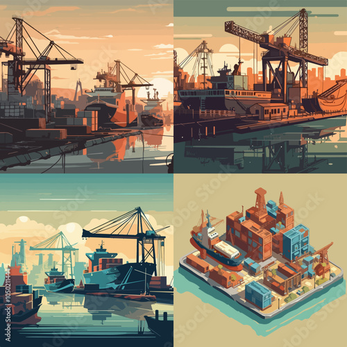 series of four images of a city with a large crane in the background