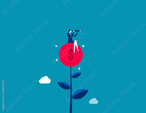 Investment or saving growth, growing wealth, financial and banking forecast, earning profit or grow income or mutual fund return concept, woman look through telescope on plant with money coin flower.