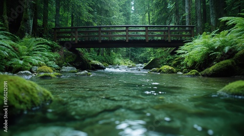 A clear river gently flows beneath a simple wooden bridge, surrounded by rich forest greenery, offering a peaceful and natural outdoor setting. photo