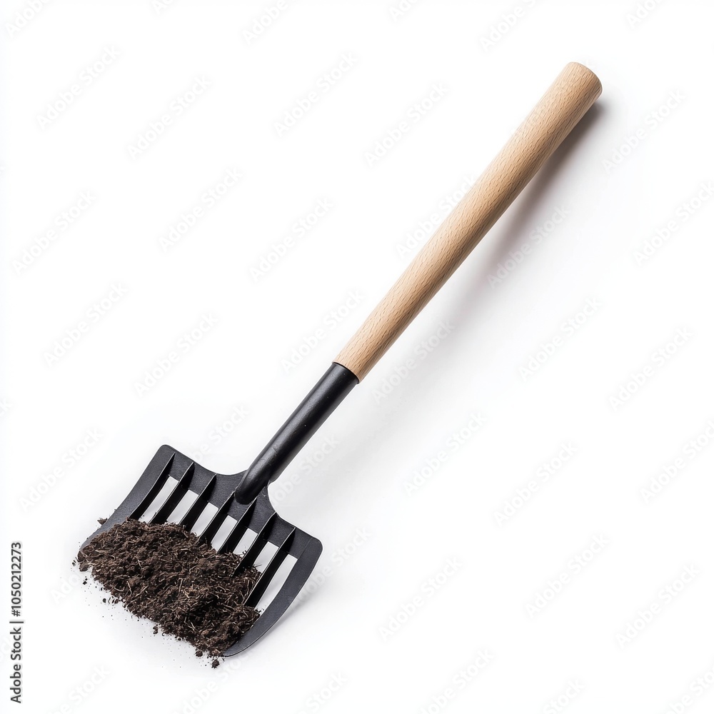 A close-up view of a black gardening fork with a wooden handle and soil on a white background. A close-up view of a black gardening fork with a wooden handle and soil on a white background.