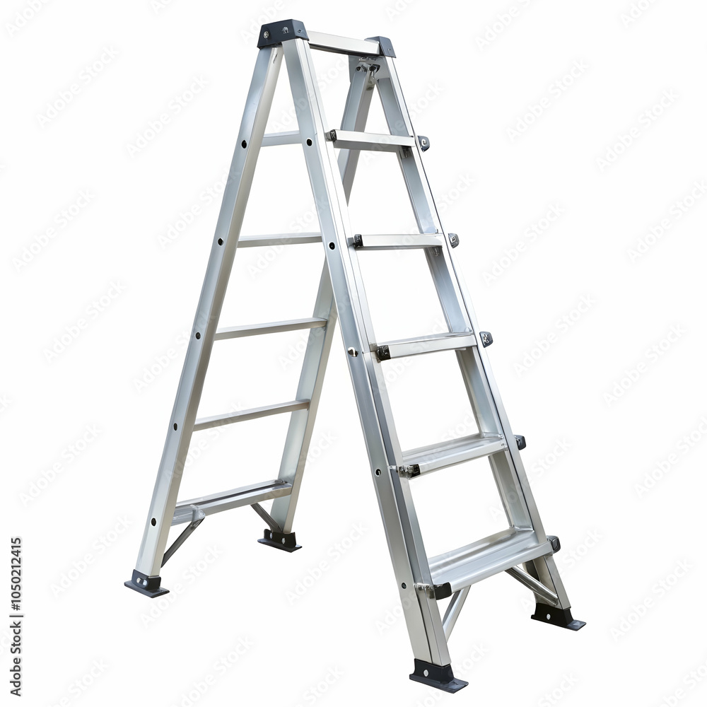 A sturdy aluminum stepladder stands ready for use. A sturdy aluminum stepladder stands ready for use.