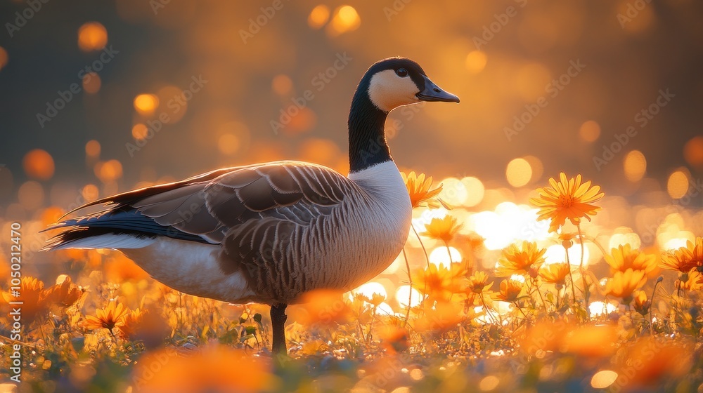 A single Canada goose stands in a field of yellow wildflowers, bathed in the golden light of the setting sun. A single Canada goose stands in a field of yellow wildflowers, bathed in the golden light of the setting sun.