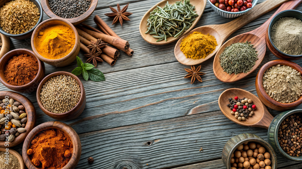 An array of spices and herbs fills small bowls on a rustic wooden table. The vibrant colors and diverse textures invite exploration and creativity in cooking An array of spices and herbs fills small bowls on a rustic wooden table. The vibrant colors and diverse textures invite exploration and creativity in cooking