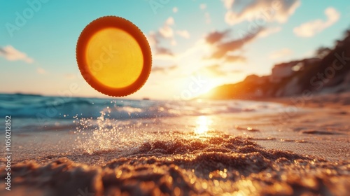 A frisbee captured mid-air against a vibrant sunset sky above sandy beach, as shimmering water reflects golden sunlight, symbolizing freedom and fleeting moments. photo