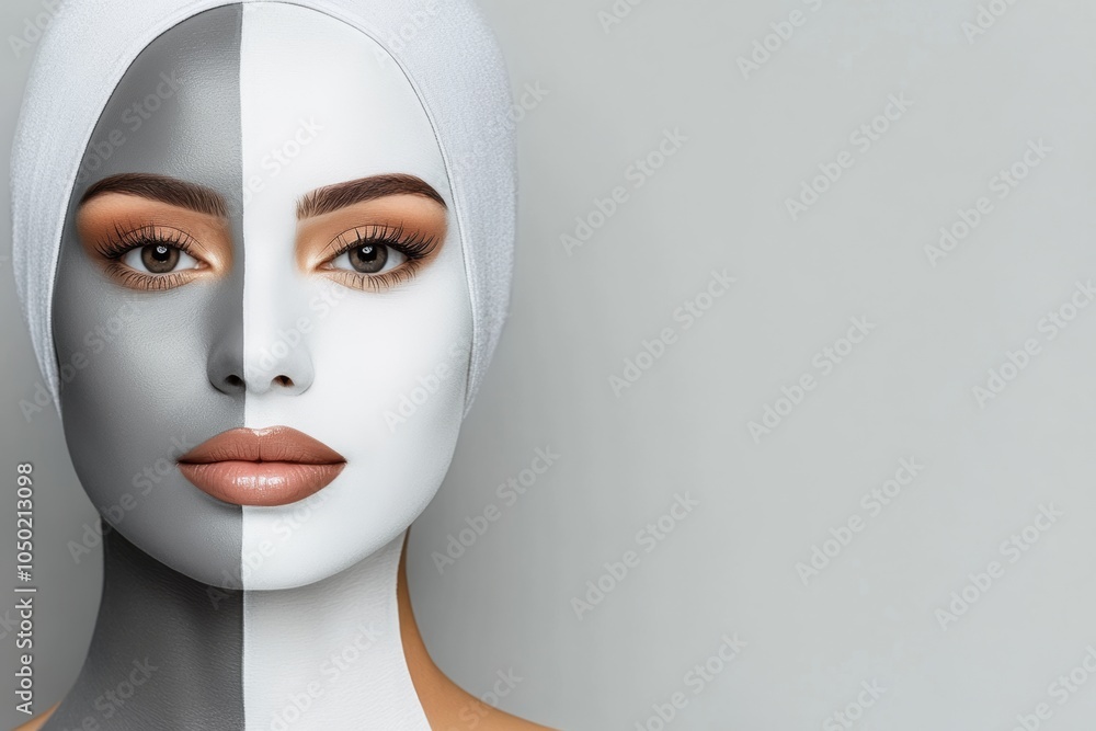 Woman's face is painted white and gray. cosmetic brand , modern creative social media instagram post women face , dominant color white and gray , add effect, add text area Woman's face is painted white and gray. cosmetic brand , modern creative social media instagram post women face , dominant color white and gray , add effect, add text area