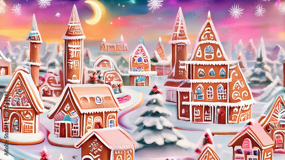 Naklejka premium Christmas Gingerbread Village in a Joyful Cartoon Wonderland with Cheerful Decorations and Sparkling Details, Creating a Magical Festive Atmosphere