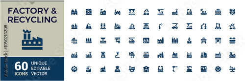 Factory icon pack. Contains related to process, production, manufacturer, productivity, industrial, processing and more. Filled symbol collection. Vector illustration in modern solid style.