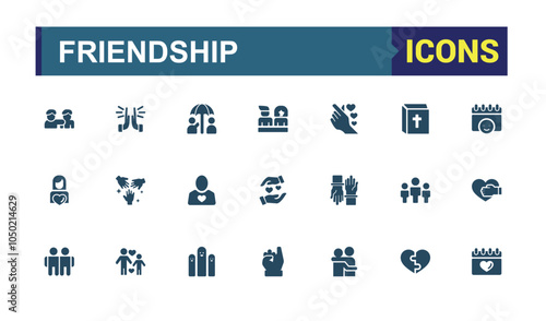 Friendship solid icon collections. Featuring person, set, app, love, respect, giving and more. Flat filled icons pack. Vector filled icons Collection.