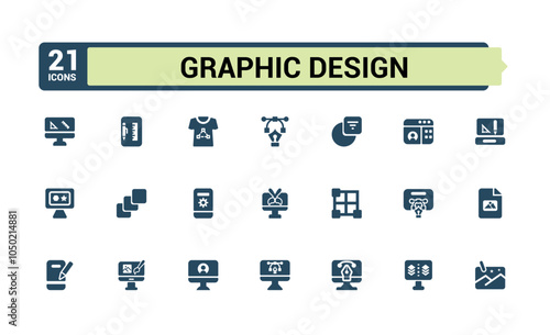 Graphic Design icon collection. Related to typography, technology, designer, computer, background and more. Filled icons pack. Editable glyph. Vector illustration.