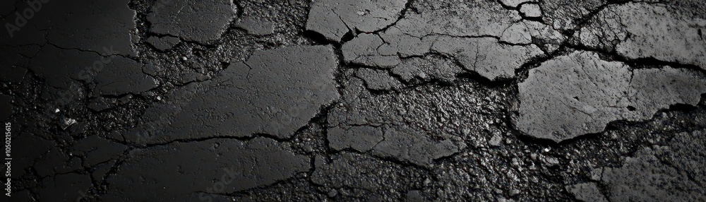 Obraz premium A close-up view of cracked asphalt, highlighting the texture and detail of the surface. The dark background emphasizes the rugged nature of the material.