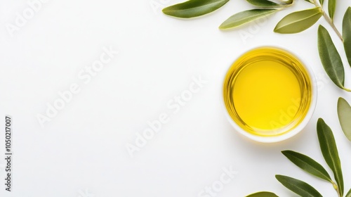 Organic olive oil in glass bowl with olive tree leaves next to it
