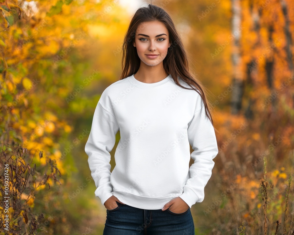 young pretty female in the outside fall background with a blank crewneck sweatshirt on. young pretty female in the outside fall background with a blank crewneck sweatshirt on.