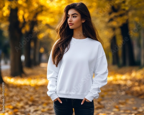 young pretty female in the outside fall background with a blank crewneck sweatshirt on. 