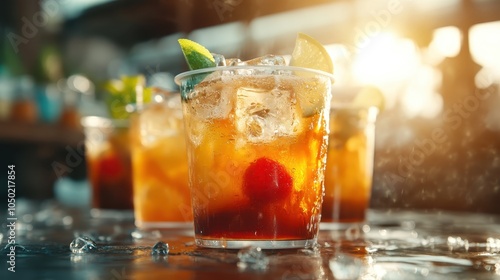 Colorful cocktails with cherries and lime slices in icy cups stand against a sunset backdrop, capturing the essence of a vibrant, refreshing evening gathering.