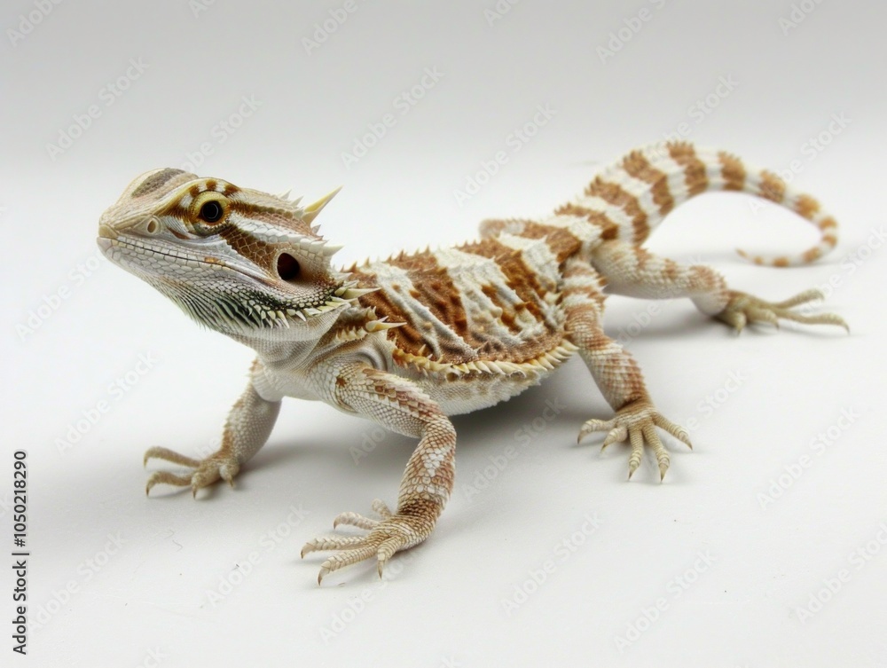 Naklejka premium desert colored Bearded Dragon reveals its spiky features while confidently balanced on a smooth white surface showcasing its unique textures and colors.