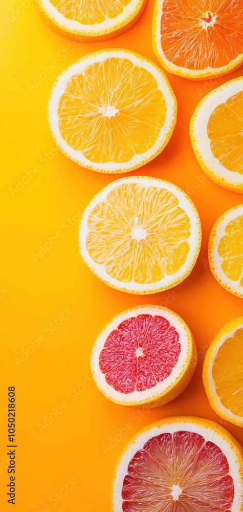 Freshly sliced citrus fruits including oranges and grapefruits arranged artistically on a vibrant yellow background, highlighting their juicy textures and bright colors. Freshly sliced citrus fruits including oranges and grapefruits arranged artistically on a vibrant yellow background, highlighting their juicy textures and bright colors.