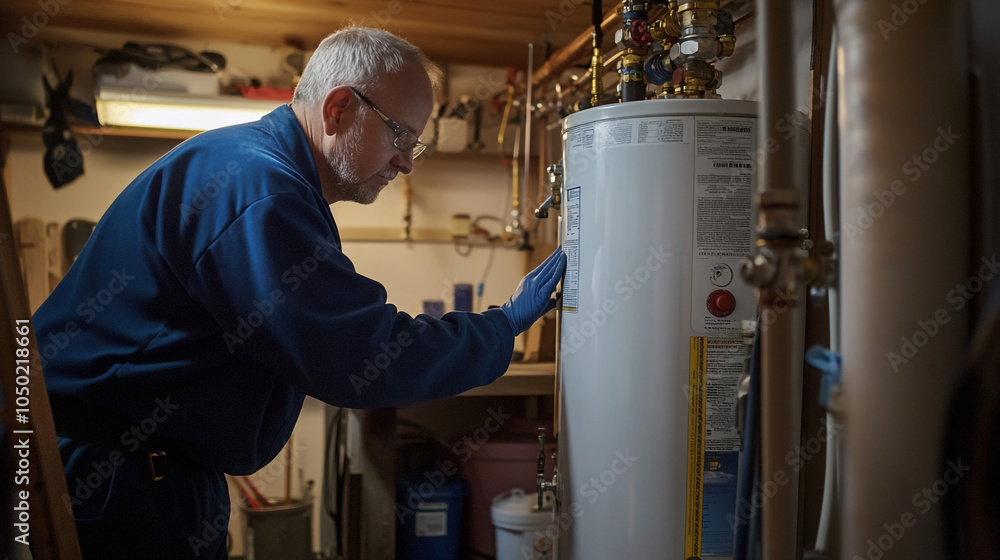 Plumber Inspecting Water Heater in Basement Plumber Inspecting Water Heater in Basement
