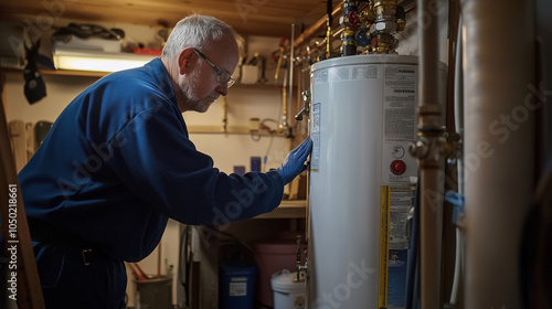 Plumber Inspecting Water Heater in Basement