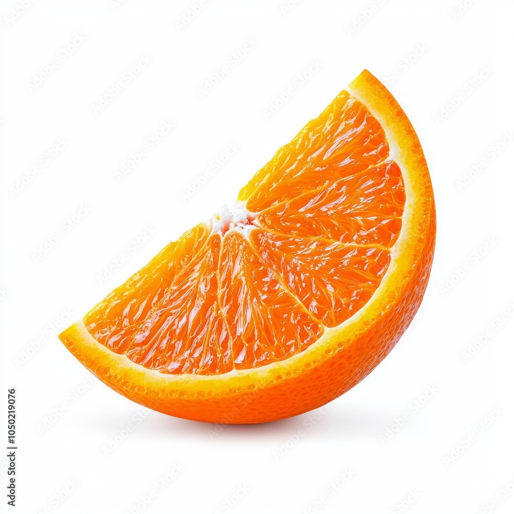 Vibrant orange slice showcasing juicy segments and a glossy texture against a clean white background. Vibrant orange slice showcasing juicy segments and a glossy texture against a clean white background.