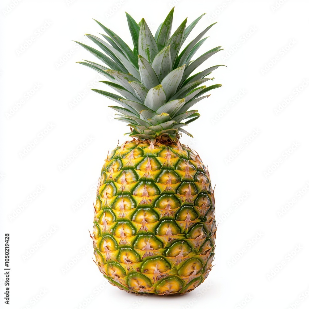 Fototapeta premium Fresh pineapple with vibrant green leaves, showcasing a tropical vibe and bright colors.