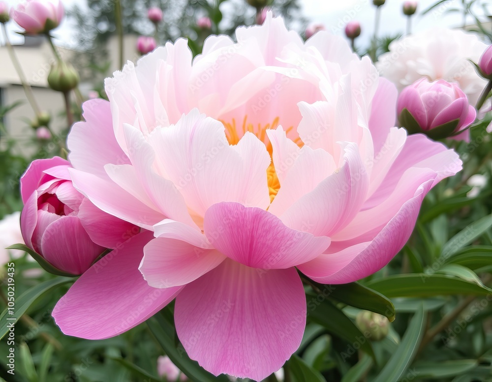 Fototapeta premium Beautiful pink peony flower with soft petals and lush greenery in the background.