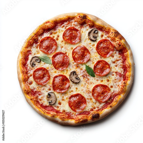 Delicious pepperoni pizza with melted cheese and fresh basil on a white background. photo