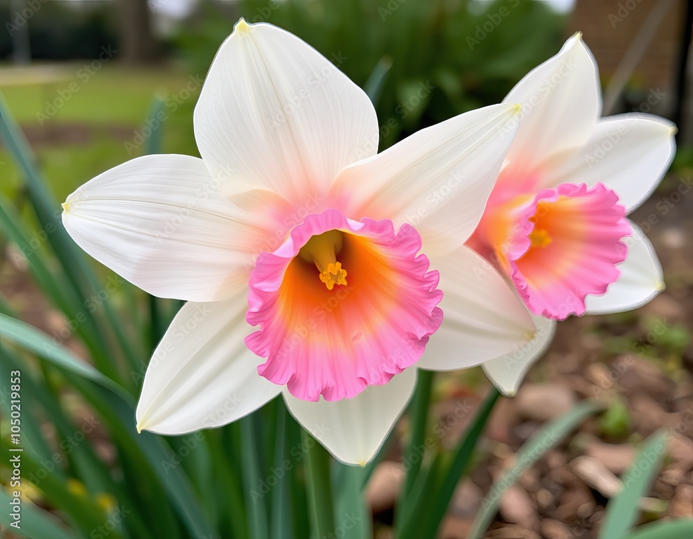 Beautiful white daffodils with pink centers in a vibrant garden setting. Beautiful white daffodils with pink centers in a vibrant garden setting.