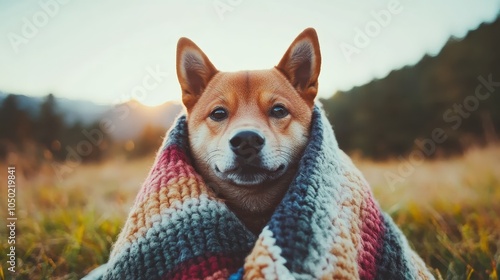 A Shiba Inu dog wrapped snugly in a vibrant blanket outdoors during sunset, exuding warmth and security, typifying the joy of a serene moment in nature's embrace. photo