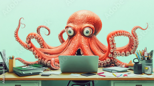 Wallpaper Mural Octopus Working on Laptop at Desk with Office Supplies Torontodigital.ca