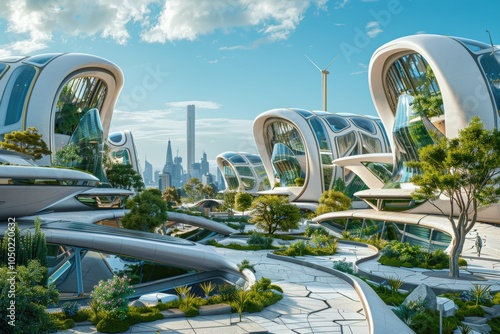 Futuristic Eco-Friendly Office Complex with Solar Panels and Wind Turbines for Sustainable Design