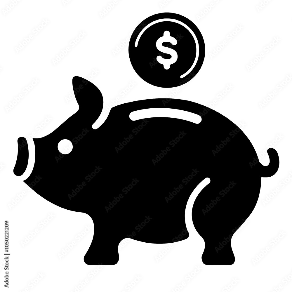 豚の貯金箱とコインのシンプルなシルエットアイコンイラスト　透過背景の切り抜き