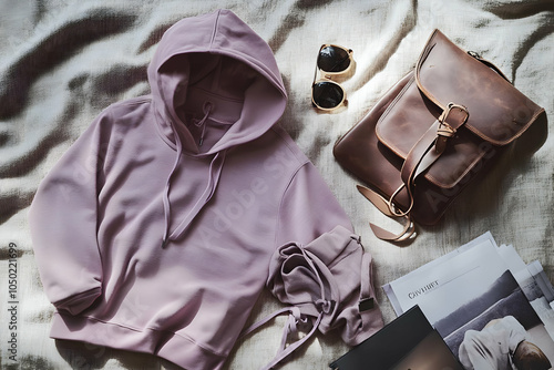 Hoodie Mockup - A cozy pink hoodie laid out with sunglasses and a leather bag on a textured surface. photo