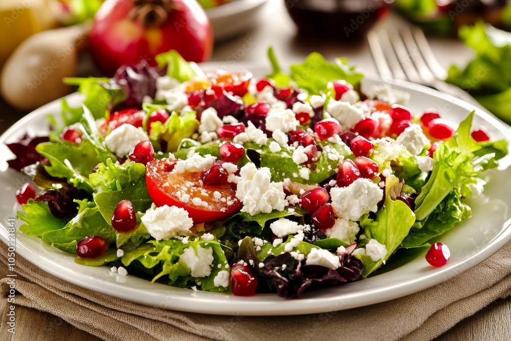 A vibrant green salad topped with fresh tomatoes, pomegranate seeds, and crumbled feta cheese. A vibrant green salad topped with fresh tomatoes, pomegranate seeds, and crumbled feta cheese.