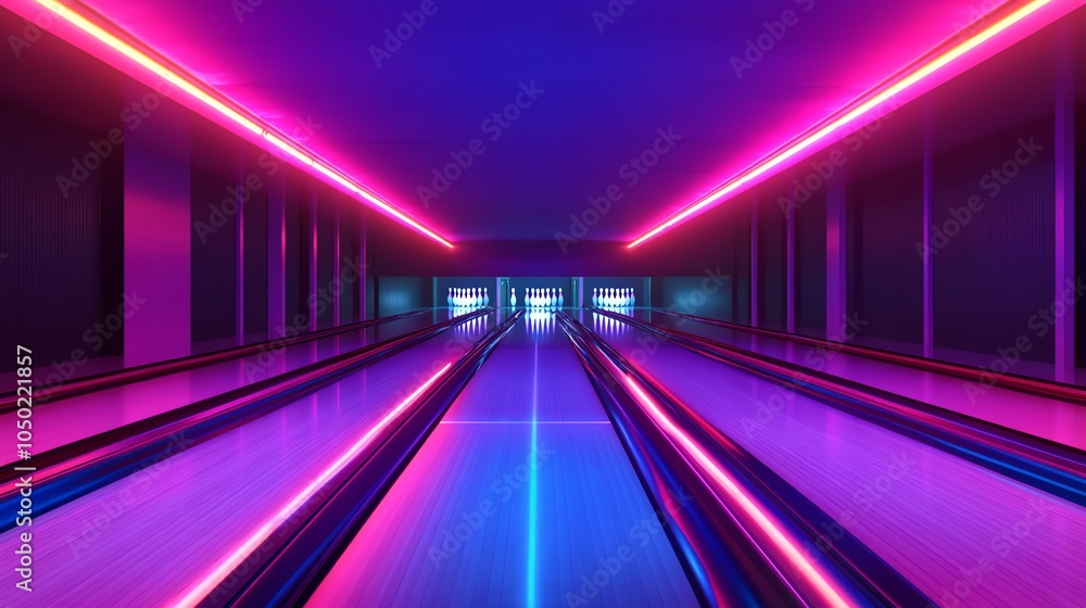 A neon-lit bowling alley. A neon-lit bowling alley.