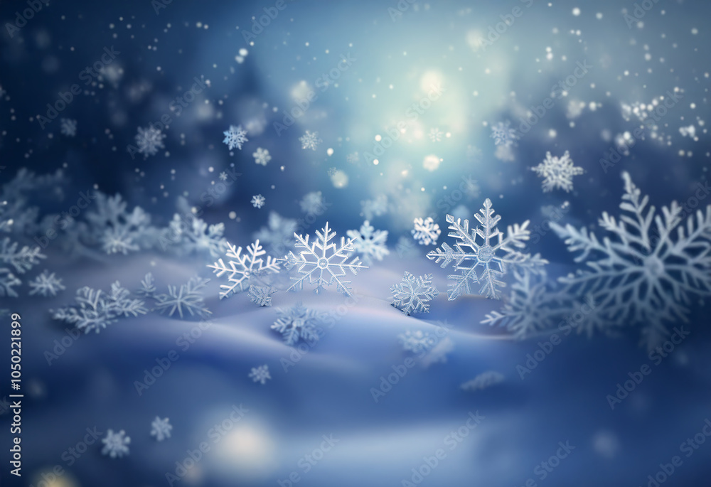 A winter wonderland with a snowy landscape, falling snowflakes, and a bright light in the distance. A winter wonderland with a snowy landscape, falling snowflakes, and a bright light in the distance.