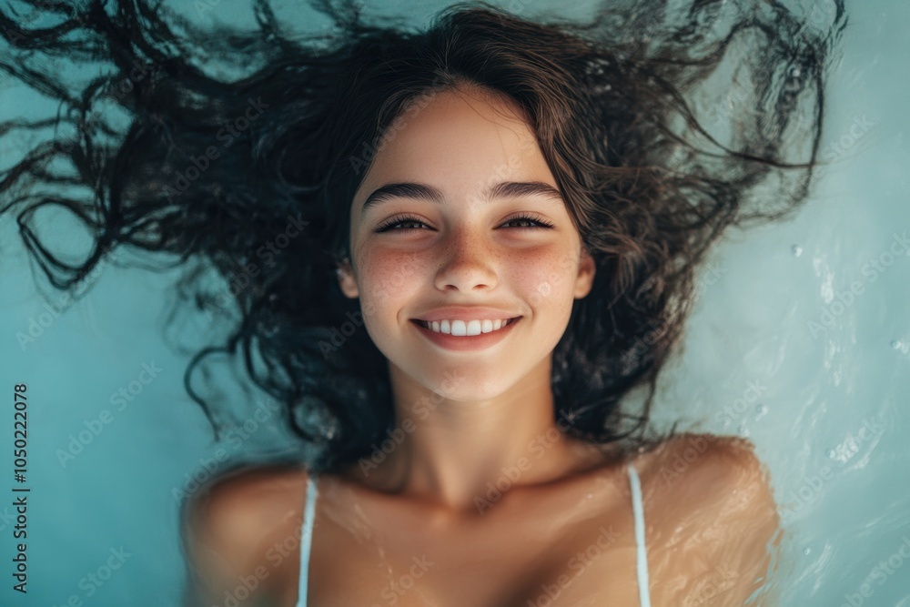 A Caucasian girl beams with happiness as she floats effortlessly in the pool, soaking in the serene atmosphere. A Caucasian girl beams with happiness as she floats effortlessly in the pool, soaking in the serene atmosphere.