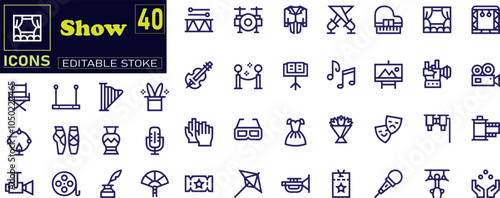 Show icon set. Containing entertainment, stage, spotlight, cinema, ticket, theater icons .