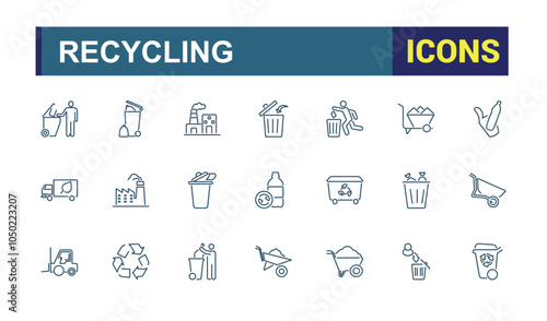 Waste Recycling vector line icon set. Includes thin line material, textile, sorting, bin, household, ecological and more. Set of line pictogram. Editable vector stroke