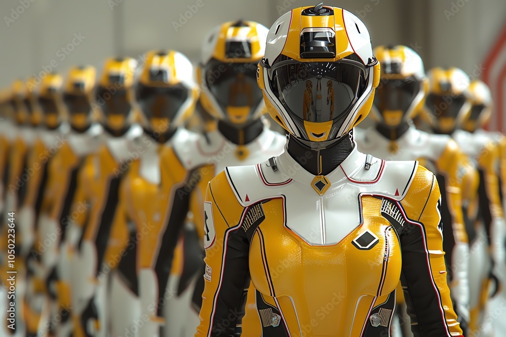 Fototapeta premium A line of futuristic robots in yellow and white suits stand in formation.