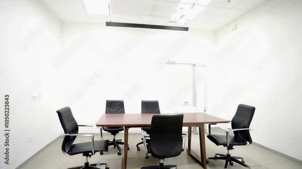 A clean, minimalistic conference room featuring a modern table and chairs, suggesting a professional meeting space. A clean, minimalistic conference room featuring a modern table and chairs, suggesting a professional meeting space.