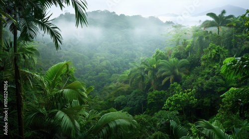 Fototapeta Naklejka Na Ścianę i Meble -  A captivating view of the lush rainforests of Costa Rica with dense foliage and a misty atmosphere, jungle setting with vibrant greenery, Mystical style