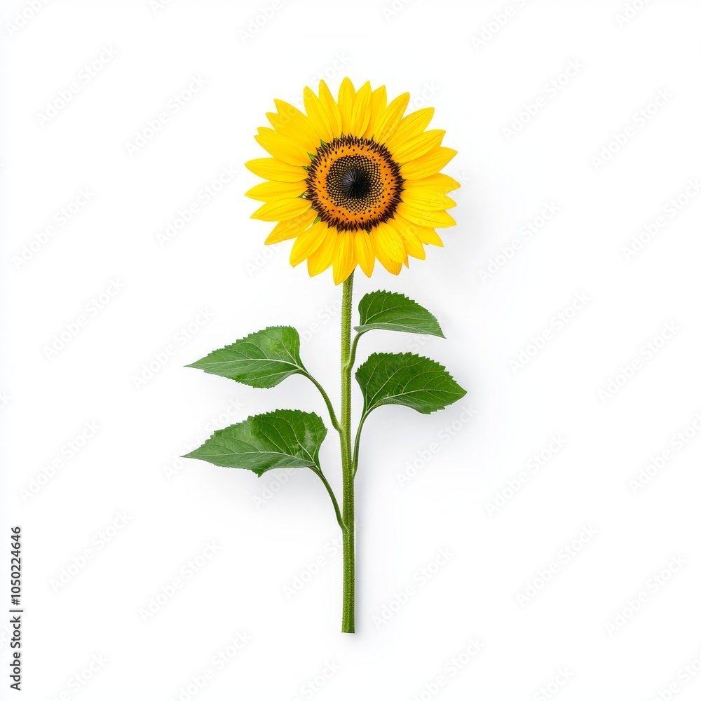Obraz premium A vibrant yellow sunflower stands tall against a clean white background, showcasing its detailed petals and leaves.