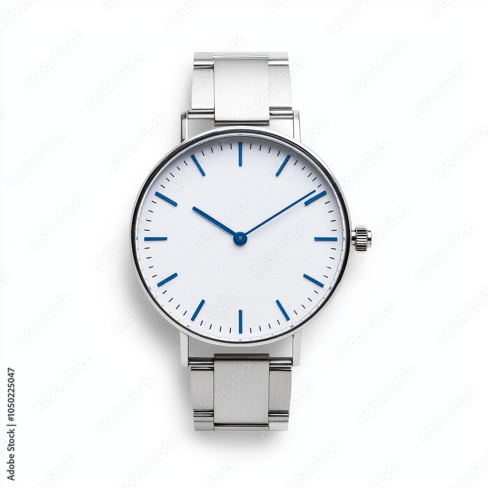 Elegant silver analog watch with a minimalist design featuring a white face and blue hands. Elegant silver analog watch with a minimalist design featuring a white face and blue hands.