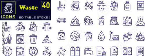 Waste sorting line icons set. Plastic bottle, biodegradable trash, junk truck icons .