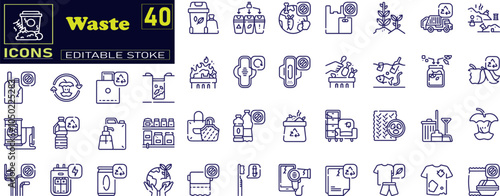 Waste sorting line icons set. Plastic bottle, biodegradable trash, junk truck icons .