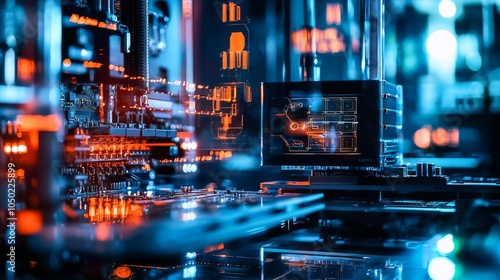 Futuristic Quantum Computer Setup in a High-Tech Lab