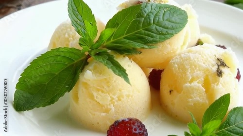 A vibrant plate features creamy ice cream, garnished with fresh mint and berries, evoking a refreshing summertime treat. photo